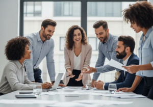 Équipe de cadres en discussion autour d’une table de travail, échangeant activement dans une dynamique de collaboration et d’intelligence collective en entreprise.